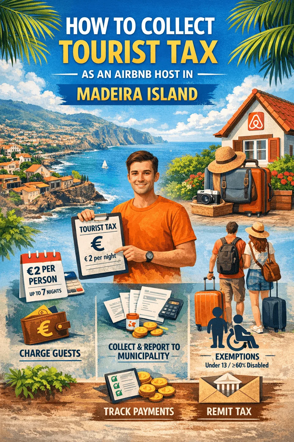 Guide to collecting tourist tax on Madeira Island for Airbnb hosts: charge guests, report to municipality, exemptions, track payments, remit tax.