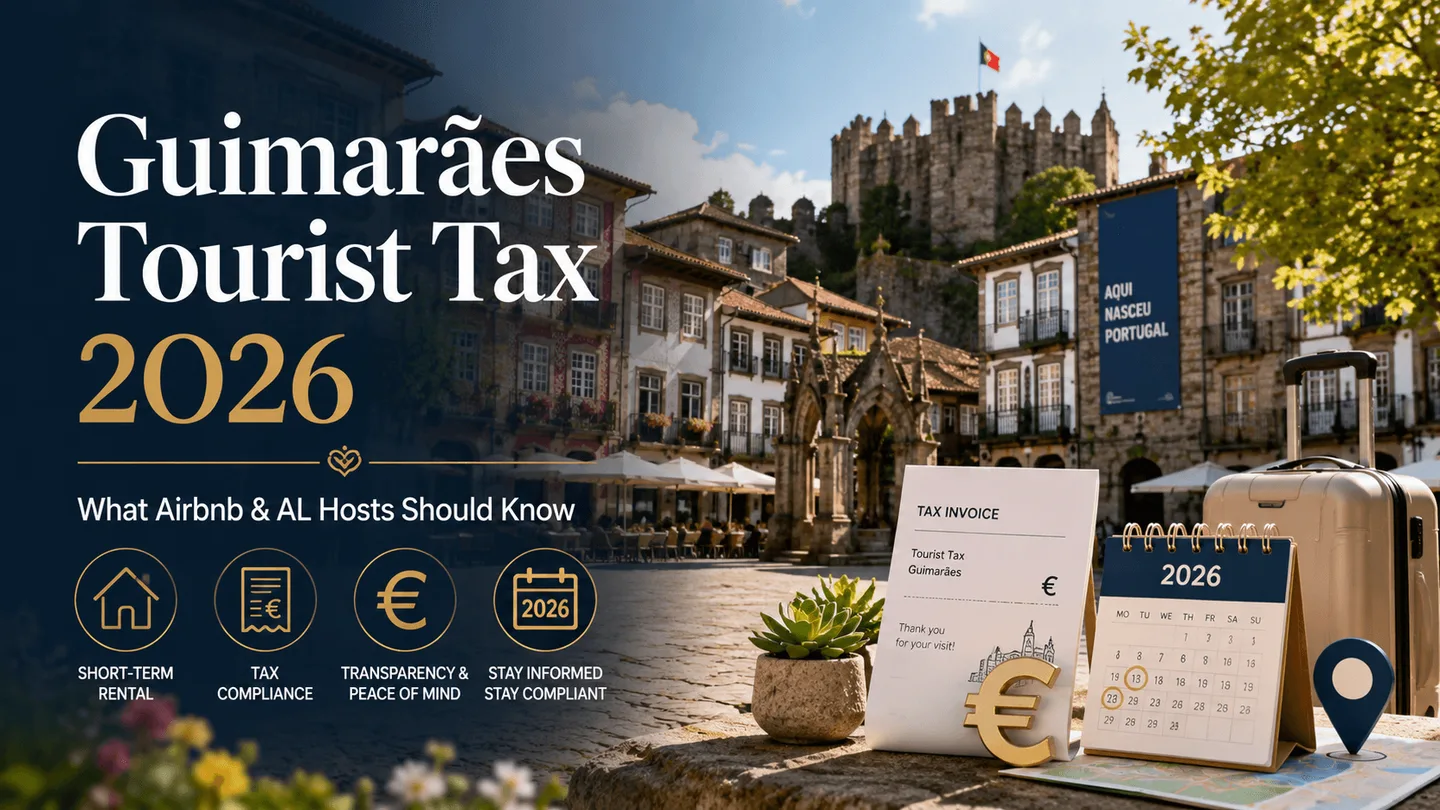 Featured blog image for Guimarães Tourist Tax 2026, showing the historic centre of Guimarães with tax invoice, euro symbol, calendar, suitcase, and short-term rental compliance icons for Airbnb and Alojamento Local hosts.