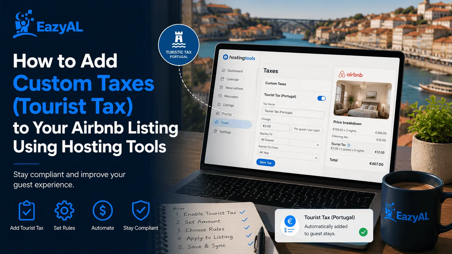 Laptop showing Airbnb hosting tools used to add custom tourist tax rules for Alojamento Local properties in Portugal, with EazyAL branding and a Portuguese city background.