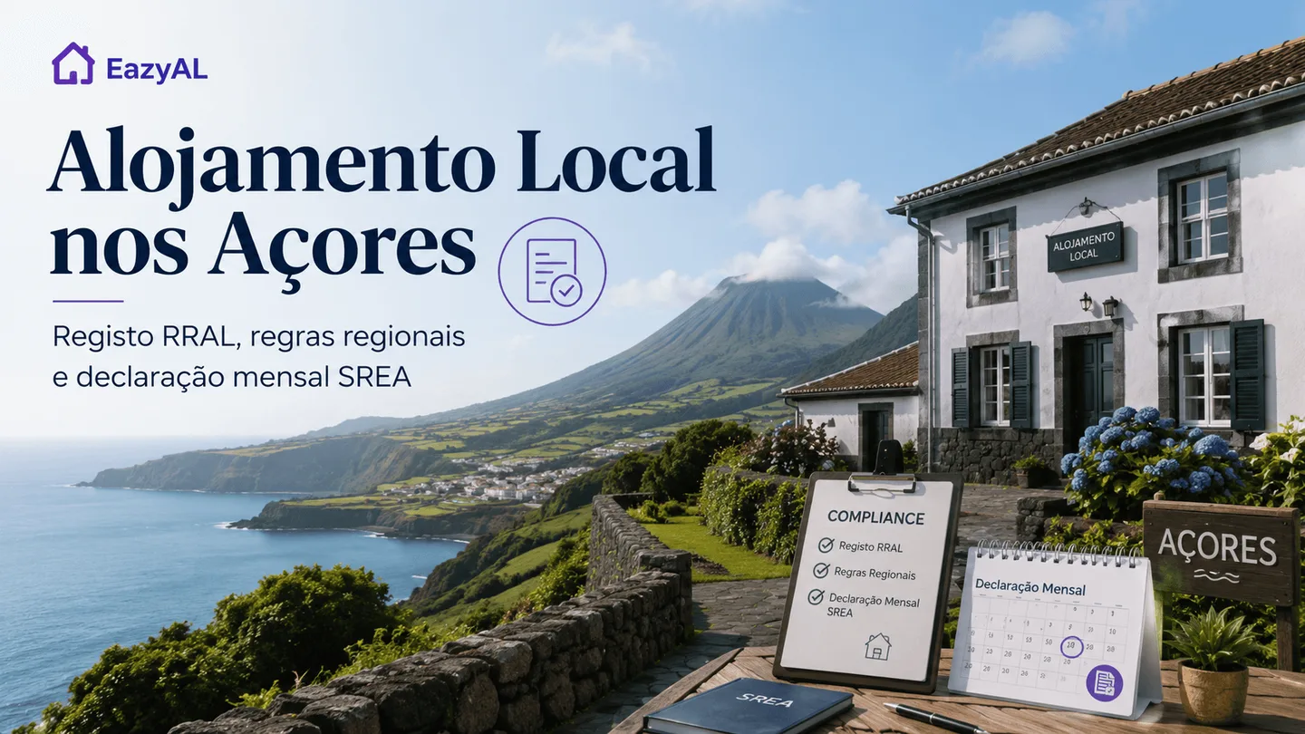 Alojamento Local nos Açores guide image showing an Azorean coastal guesthouse, RRAL registration checklist, SREA monthly declaration calendar, and EazyAL compliance branding.